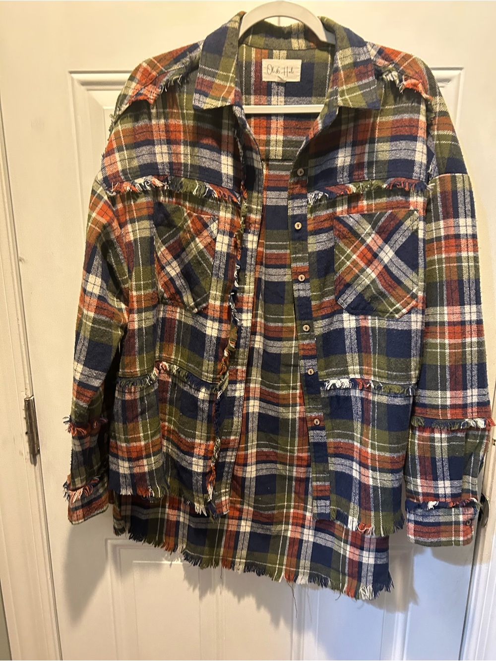 Oli & Hali Olive, Navy & Rust Plaid Frayed Shirt Jacket/Shacket